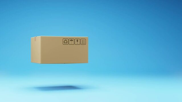 One Closed Cardboard Box Spinning on a Studio Blue Background, Seamless Loop 3D Animation with Copy Space