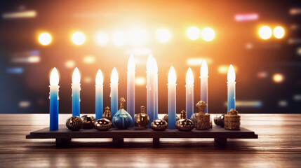Hanukkah Jewish holiday background with menorah (Judaism candelabra) burning candles and traditional Dreidrel. Copy space. Generative AI. (1)