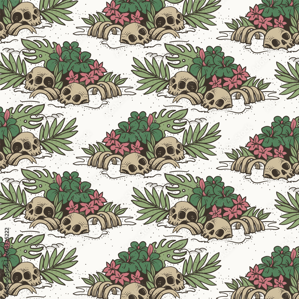 Canvas Prints Seamless pattern with skulls and tropical leaves. Vector illustration
