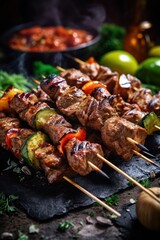 Grilled meat skewers, shish kebab. Juicy and tasty grilled shashlik. Generative AI