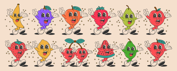 Collection of bright walking happy cartoon characters 70s. Retro fruits and berries, cheerful vegetables waving their hands and smiling