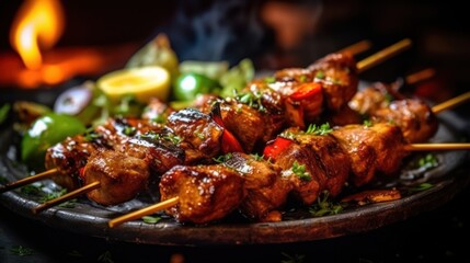 Grilled meat skewers, shish kebab. Juicy and tasty grilled shashlik. Generative AI