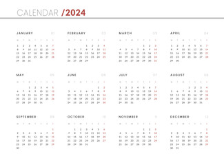 2024 Annual Calendar template. Vector layout of a wall or desk simple calendar with week start monday.