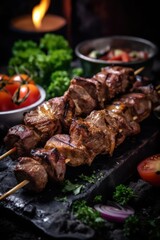 Grilled meat skewers, shish kebab. Juicy and tasty grilled shashlik. Generative AI