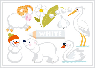 White color cartoon illustration for learning colors. Cute white objects set for kids: ram, sheep, heron, swan, polar bear, lily of the valley, chamomile, garlic, snowman.