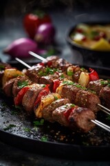 Grilled meat skewers, shish kebab. Juicy and tasty grilled shashlik. Generative AI