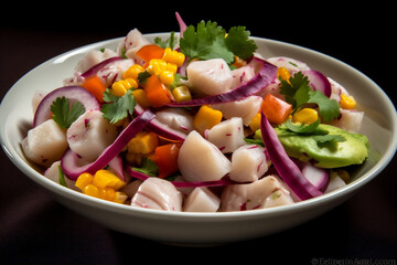 Closeup tasty dish, fish salad