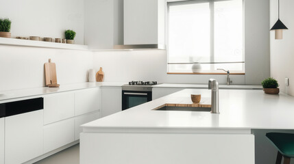 Fototapeta na wymiar Close view on bright kitchen room interior with white wall. Generative AI