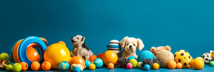 Fototapeta premium a cute dog with many pet toys on blue background, generative ai