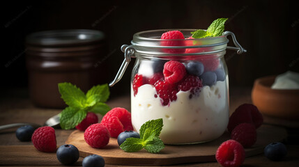 A Jar of Creamy Yogurt Delight, Adorned with Fresh Raspberries and Refreshing Mint. Generative AI