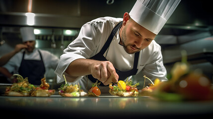 gourmet chef preparing food in kitchen - obrazy, fototapety, plakaty