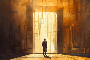 Shadow of a man standing in front of an open door, a 3D rendering concept visualized with Generative AI