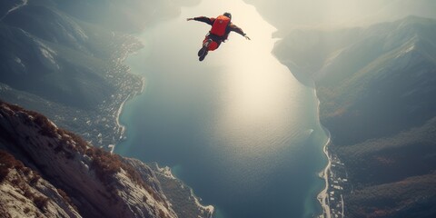 Person base jumping off cliff with parachute, concept of Extreme sports, created with Generative AI technology