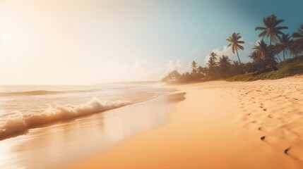 金色の砂とヤシの葉がぼやけた楽園のようなビーチの美しいワイドパノラマ。夏のバナーGenerativeAI