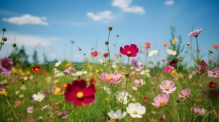 Obraz na płótnie Canvas 春夏の草原に咲く色とりどりのコスモスの花、青空を背景にした自然GenerativeAI