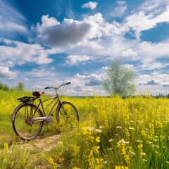 Obraz na płótnie Canvas 晴れた日の雲のある青空を背景に、花の咲く草原を走る自転車が美しい春夏の自然風景GenerativeAI