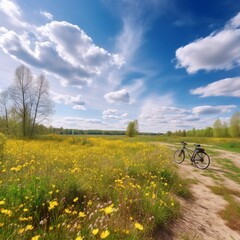 Fototapeta na wymiar 晴れた日の雲のある青空を背景に、花の咲く草原を走る自転車が美しい春夏の自然風景GenerativeAI