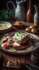 Delicious dish, steak with mushroom sauce