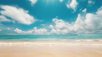 Fototapeta na wymiar 抽象的なぼかしデフォーカスの背景。金色の砂浜、ターコイズブルーの海、白い雲と青い空、明るい晴れた日のトロピカルな夏のビーチ。夏休みのカラフルな風景GenerativeAI