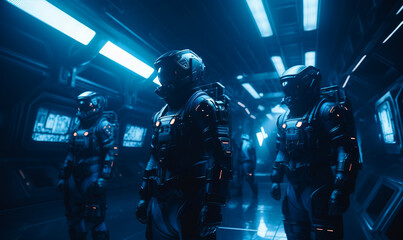 Fototapeta na wymiar Futuristic space squad in protective armored suits. Interior of the spaceship at backdrop. Generative AI.