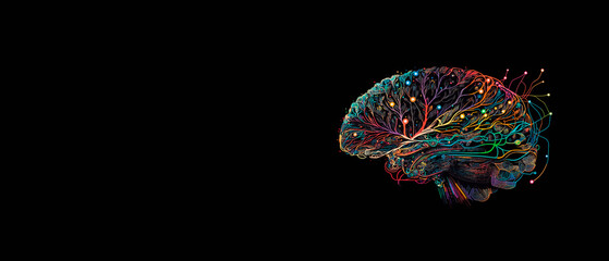 A human brain with colorful circuits in the brain on black background with copy space. Abstract. Generative AI.