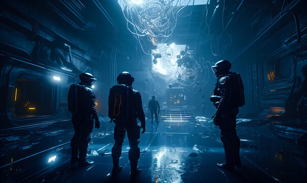 Few men wearing futuristic armor and helmets stand in the interior. Damaged spaceship hall at backdrop. Generative AI.