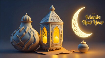 islamic new year background with lantern and moon