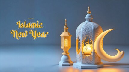 islamic new year background with lantern and moon