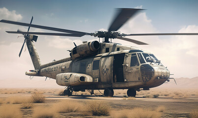 Long military helicopter standing on the land. Desert at backdrop. Generative AI.