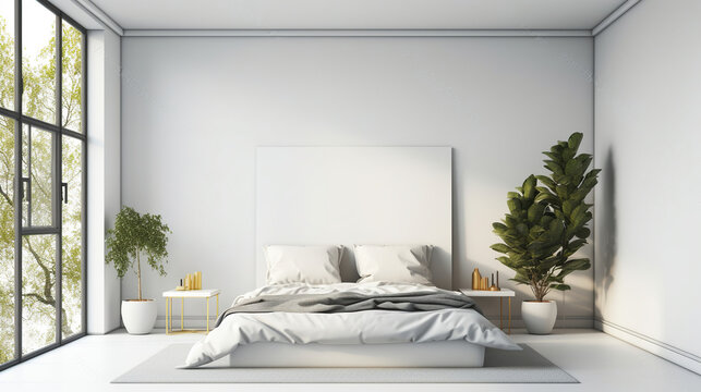 Cozy white and grey room minimal concept, bed with a lot of pillows, white walls and green plants, Generative AI