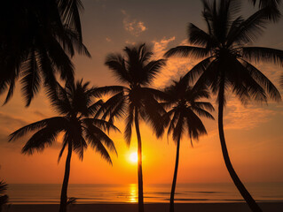 Serene Tropical Paradise: A Stunning Sunset Over a Beach with Palm Trees (Generative AI)