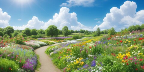 青空快晴の花畑　白い雲　generative ai