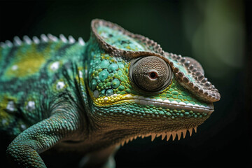 Obraz premium Green Chameleon on dark background. Generative AI illustration