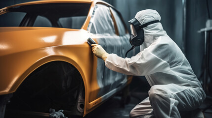 Car painter in protective clothes and mask painting a car, mechanic using a paint spray gun in a painting chamber. Paint job, car service, garage. Generative AI