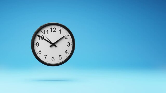 Black Analog Clock Spinning on a Studio Blue Background, Seamless Loop 3D Animation with Copy Space