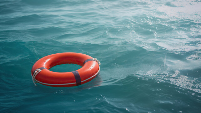 A red lifebuoy floats on the waves of the turquoise sea. Generative AI