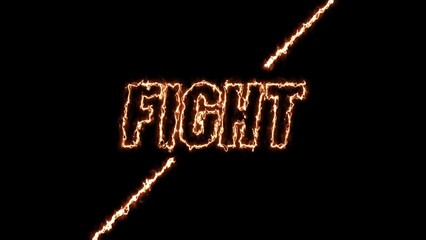 Fight lettering animation with fire text effect, Fight text torch light, suitable for gaming content.