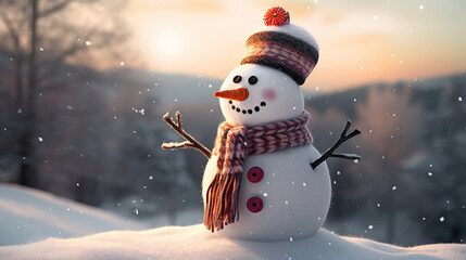 Obraz premium Welcoming the Season, Snowman with Scarf and Hat as Festive Winter or New Year's Décor, Generative AI