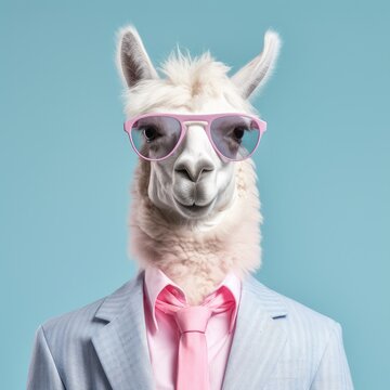 Portrait Of Llama Wearing Business Suit With Tie And Sunglasses. Generative AI Art