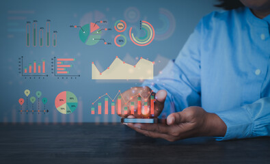 businesswoman analyzing business Enterprise data management, business analytics with multi  charts, metrics and KPIs to improve organizational performance, marketing, financial organization 