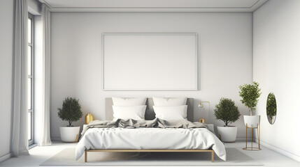 Minimalist modern white bedroom. Cozy white and grey room minimal concept, bed with a lot of pillows, Generative AI
