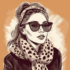  Stylish girl wearing leopard print headband. Fashion woman looks. Illustration, generative ai tools 