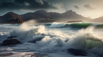 Obraz premium Waves crashing on a beach with a mountain in the background. Generative AI