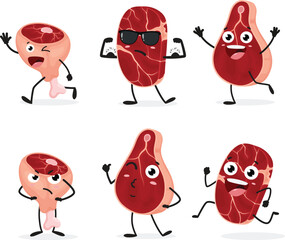 Meat steak cute cartoon character set isolated on white background