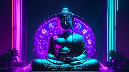 Buddha statue on a dark background, Illuminated by Neon lights. Generative Ai.
