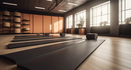 Modern yoga gym interior with unrolled yoga mats equipment, Healthy lifestyle. Generative AI