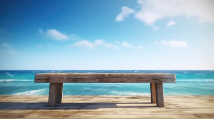 Fototapeta na wymiar Empty bench overlooking ocean background for product placement, Generative AI