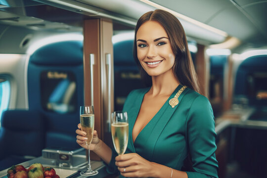 Ai generated image of stewardess with champagne Generative AI