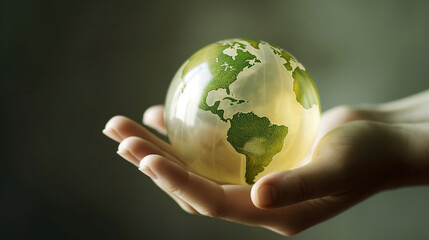 Environment Concept, Hand holding a green earth globe, in the style of light amber, organic modernism, Generative AI