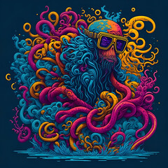 Vector t-shirt art ready to print colorful graffiti illustration of an octopus
